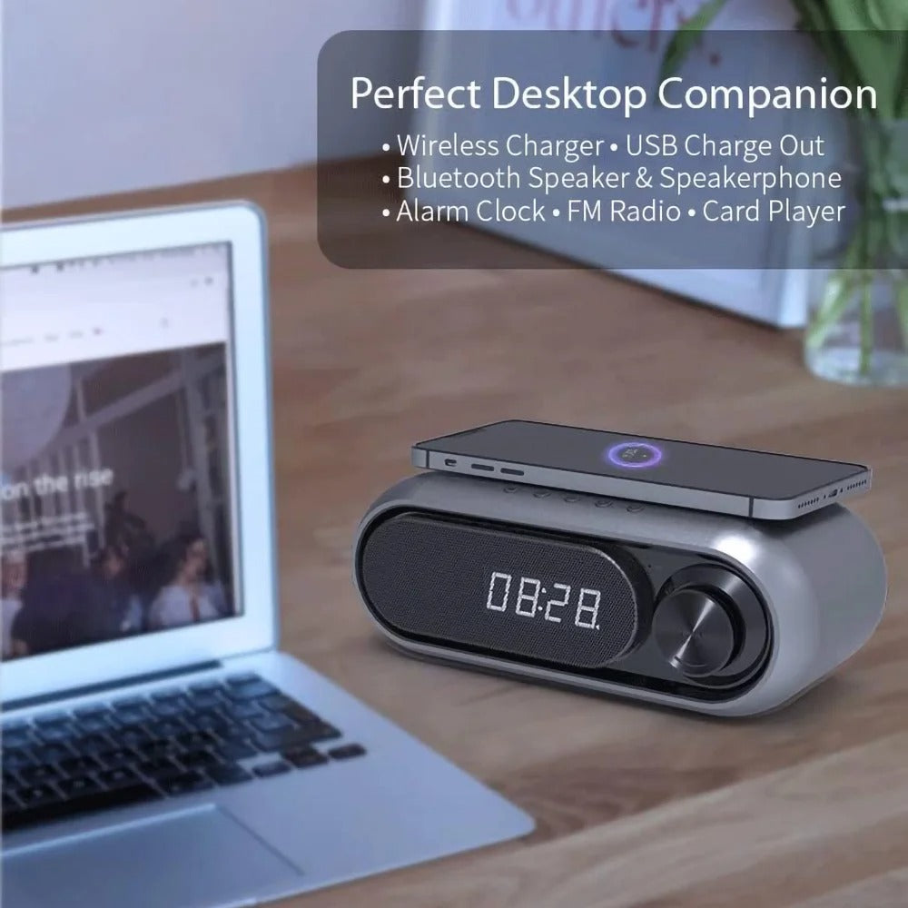 Bluetooth Speaker with 15W Wireless Charger Digital Alarm Clocks FM Radio Music Player (White)