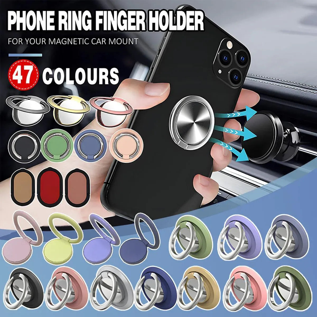 Iring Phone Ring Finger Holder Stand Car Mount Hook For Iphone Ipad Mobile Grip - E- Blue