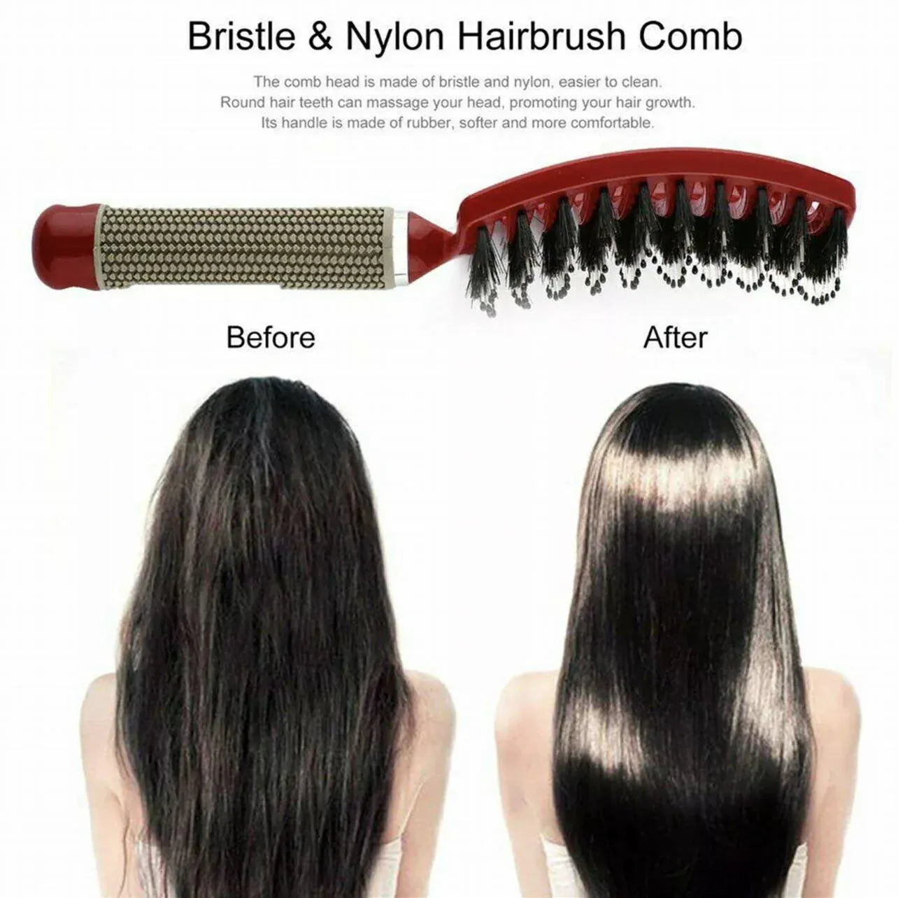 Detangle Nylon Boar Bristle Brush Hairbrush Smooth Hair Head Scalp Massage Comb - Black *1 Unit