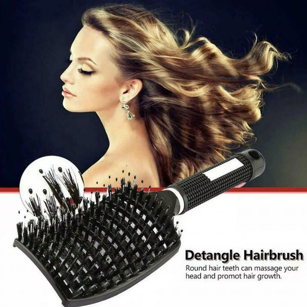 Detangle Nylon Boar Bristle Brush Hairbrush Smooth Hair Head Scalp Massage Comb - Black *1 Unit