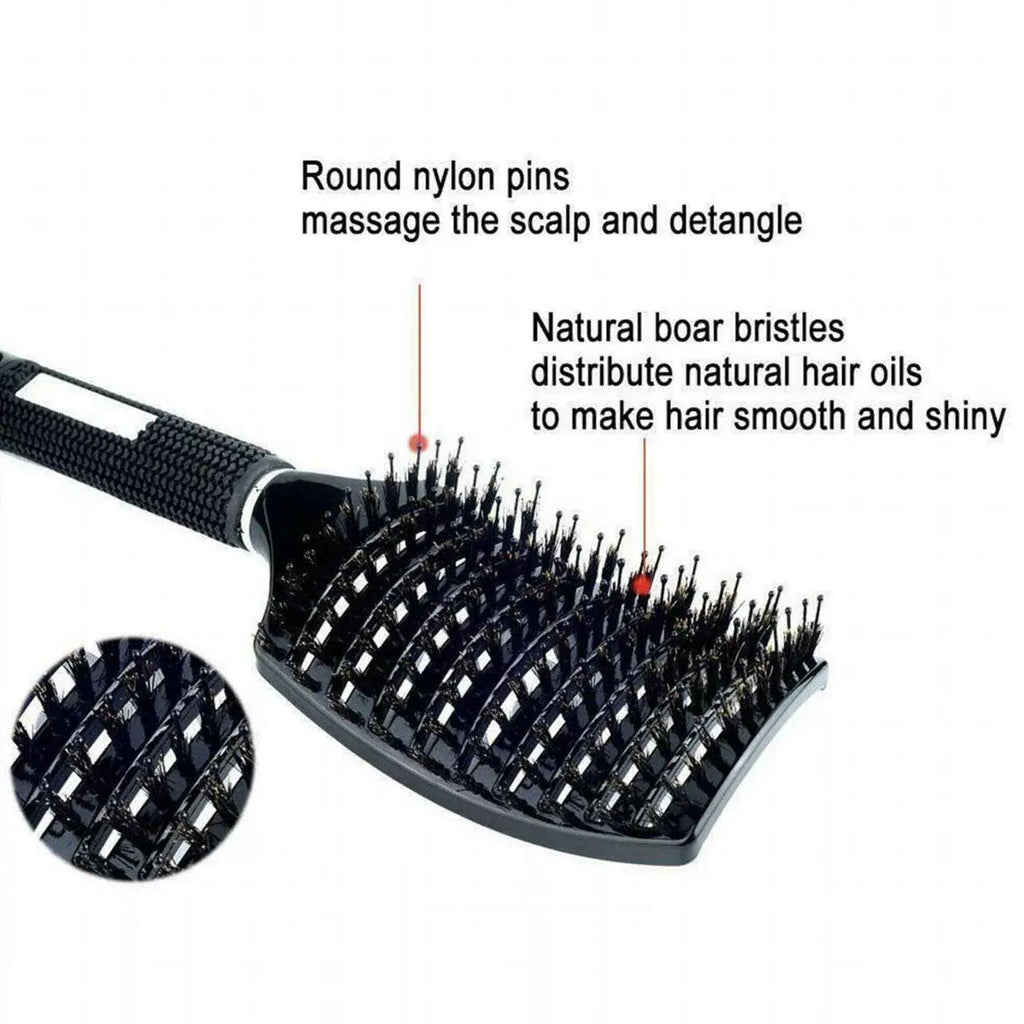 Detangle Nylon Boar Bristle Brush Hairbrush Smooth Hair Head Scalp Massage Comb - Black *1 Unit