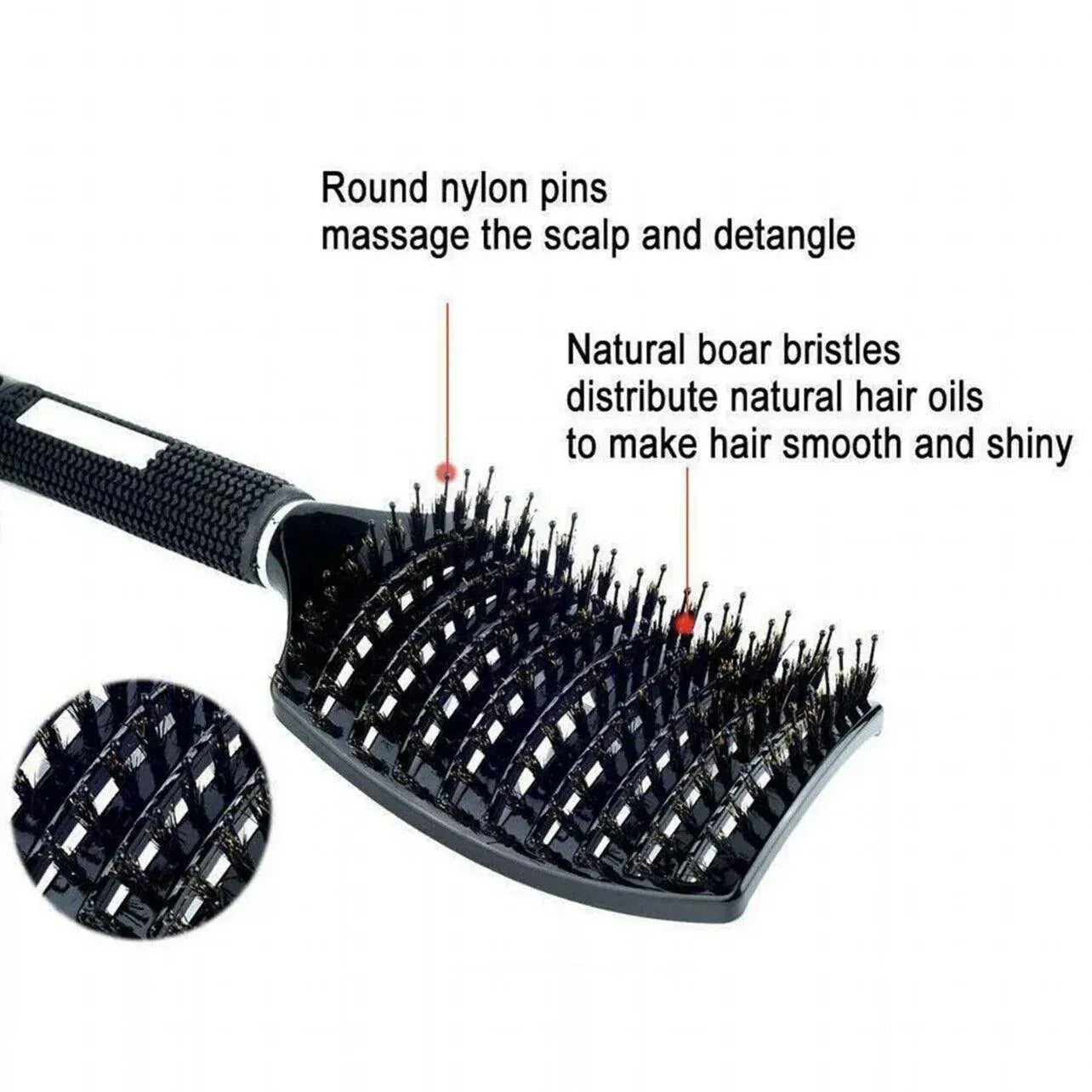 Detangle Nylon Boar Bristle Brush Hairbrush Smooth Hair Head Scalp Massage Comb - Black *1 Unit