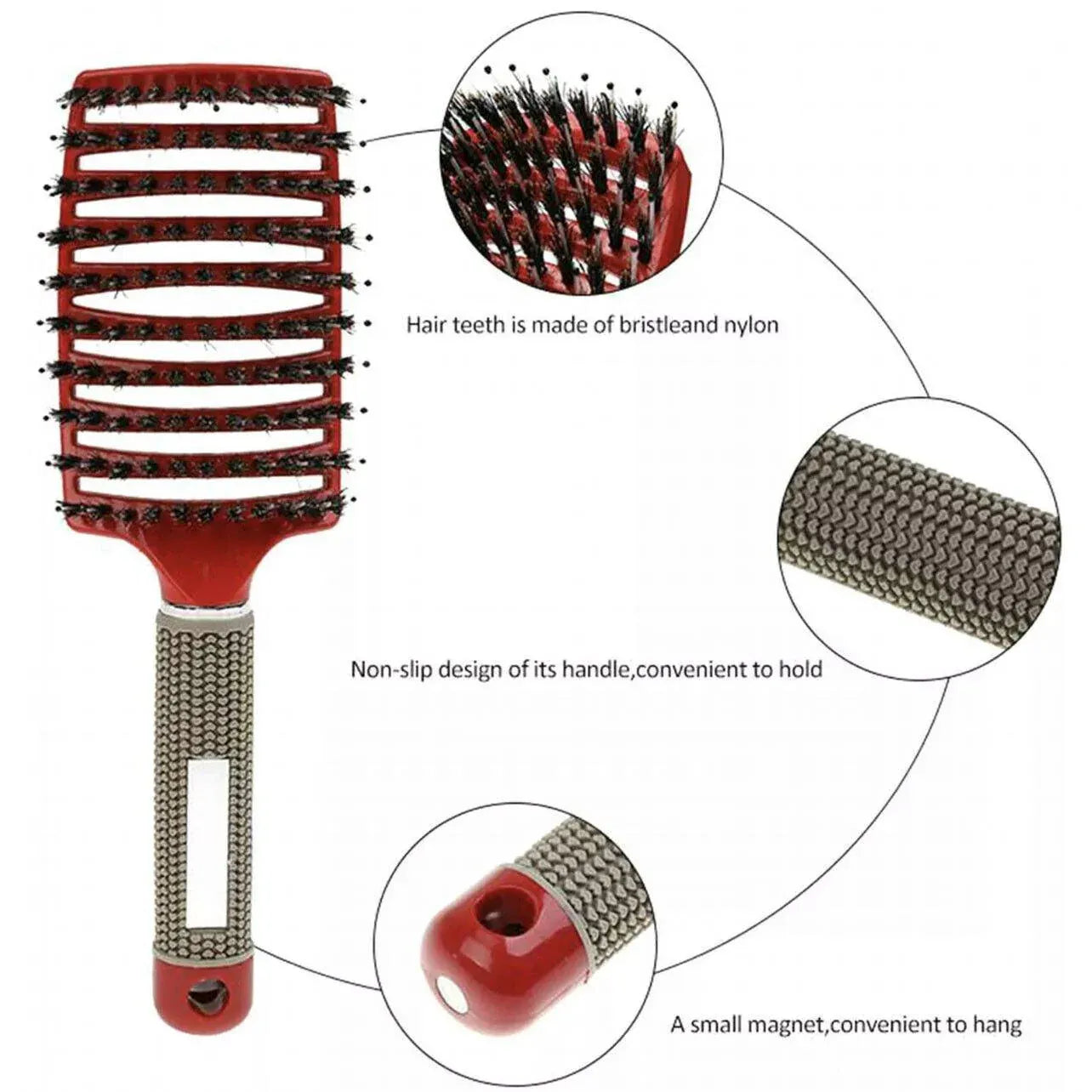 Detangle Nylon Boar Bristle Brush Hairbrush Smooth Hair Head Scalp Massage Comb - Black *1 Unit