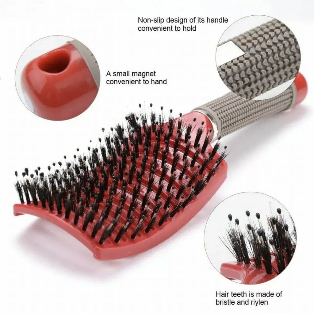 Detangle Nylon Boar Bristle Brush Hairbrush Smooth Hair Head Scalp Massage Comb - Black *1 Unit