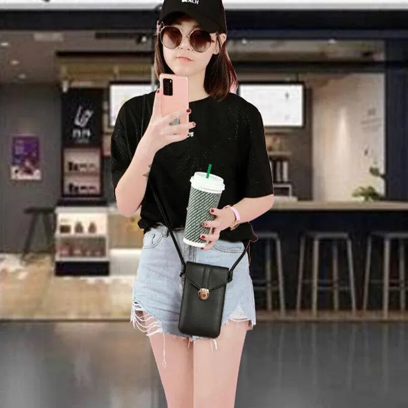 Touch Screen Crossbody Phone Bag with Clear Window PU Leather Wallet Purse - Blue