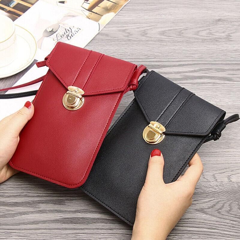 Touch Screen Crossbody Phone Bag with Clear Window PU Leather Wallet Purse - Red