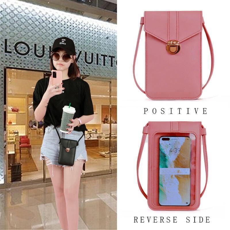 Touch Screen Crossbody Phone Bag with Clear Window PU Leather Wallet Purse - Red