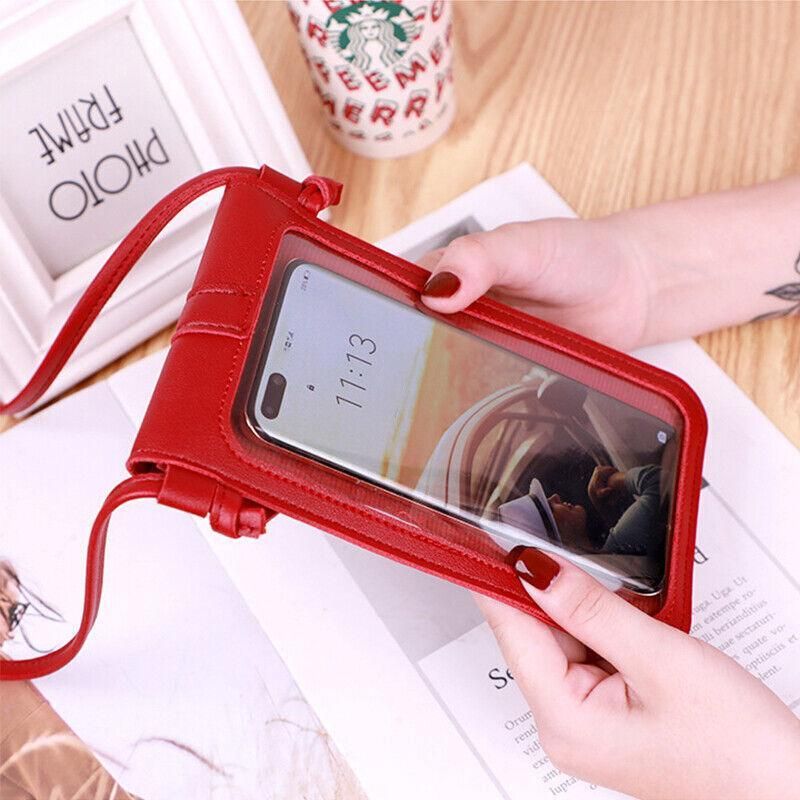 Touch Screen Crossbody Phone Bag with Clear Window PU Leather Wallet Purse - Red