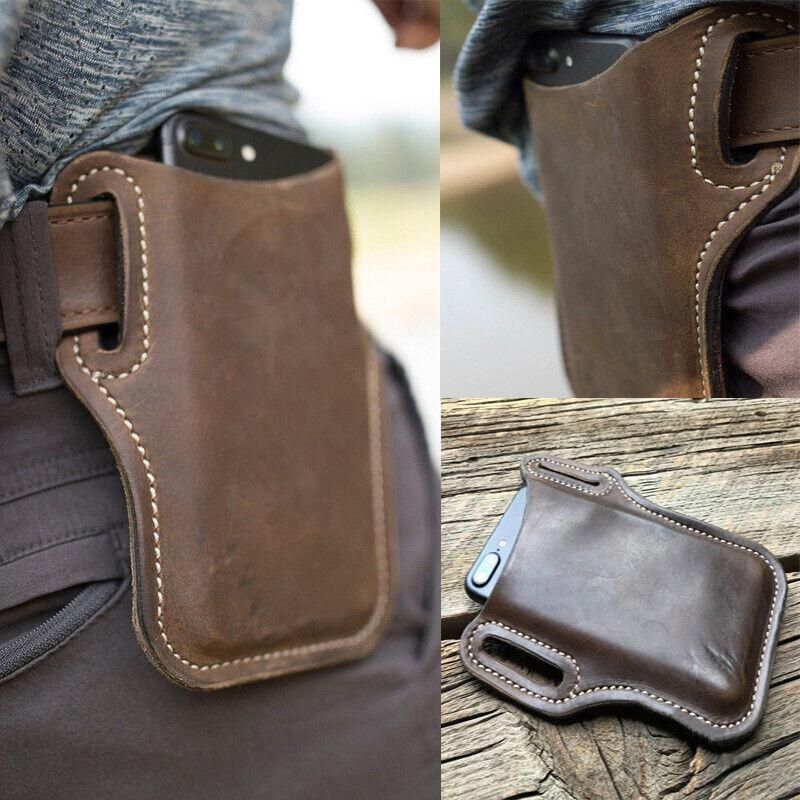 Leather Phone Holster Pouch Belt Clip Loop Waist Bag Cover Case for Men - Black