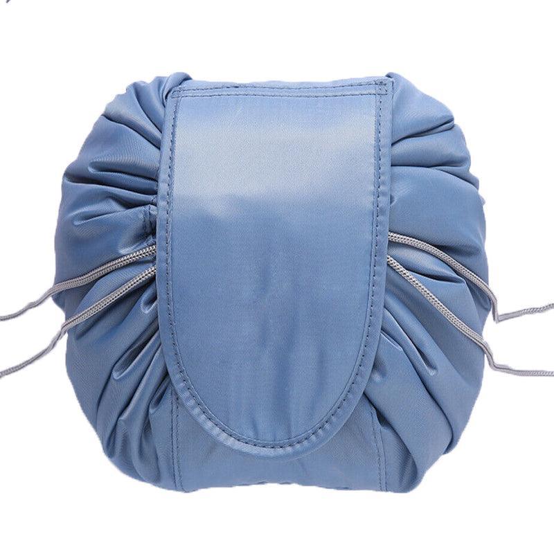 Portable Travel Makeup Bag Drawstring Cosmetic Pouch Lazy Storage Organiser Case - Blue White Feather