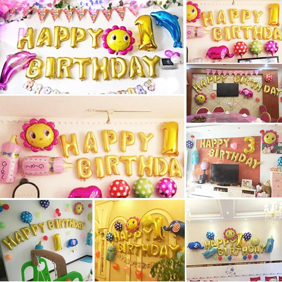 40Cm 3D Happy Birthday Letters Balloons Inflating Foil Banner Bunting Celebrate - Multicolour 3