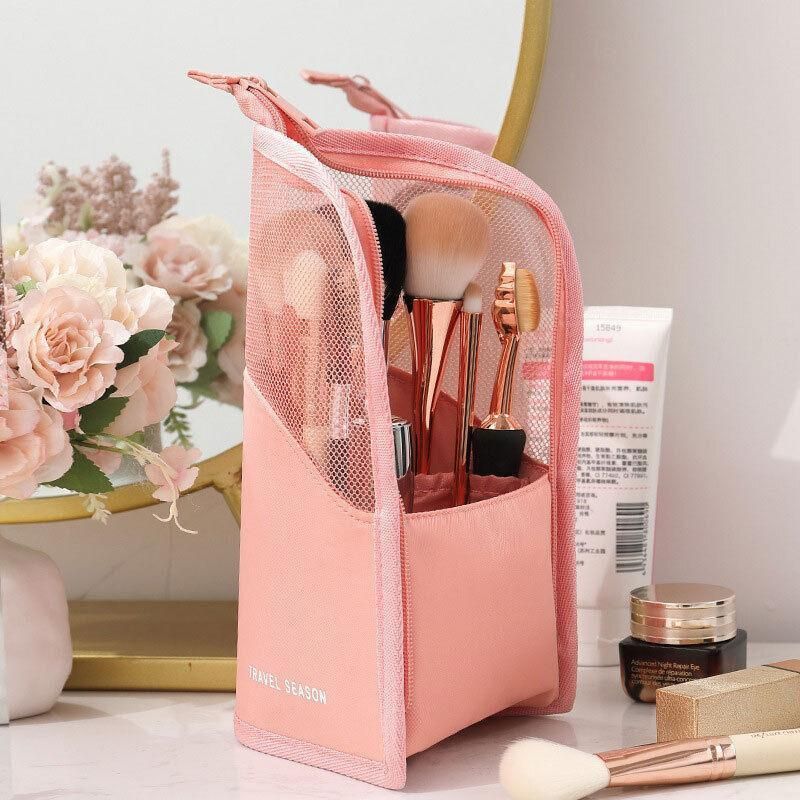 Stand Cosmetic Bag Travel Zipper Makeup Brush Holder Organizer Pouch Case Cover - Pink