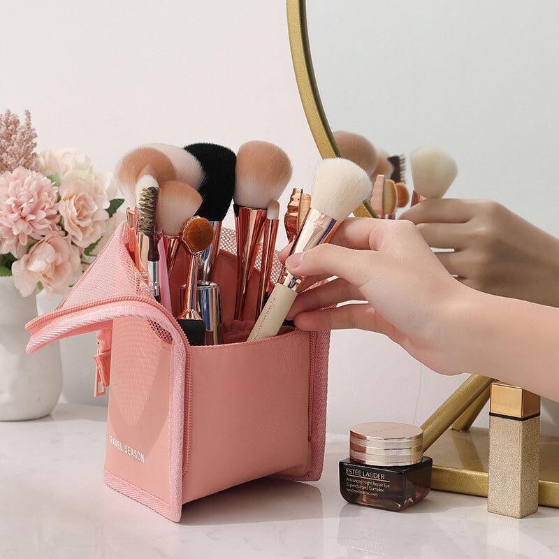 Stand Cosmetic Bag Travel Zipper Makeup Brush Holder Organizer Pouch Case Cover - Pink