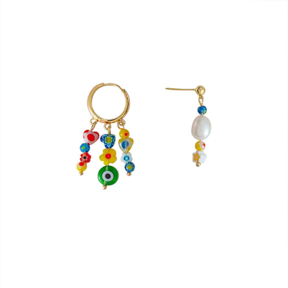 Vintage Asymmetrical Earrings Handmade Floral Glass and Pearl Drop Design for Women