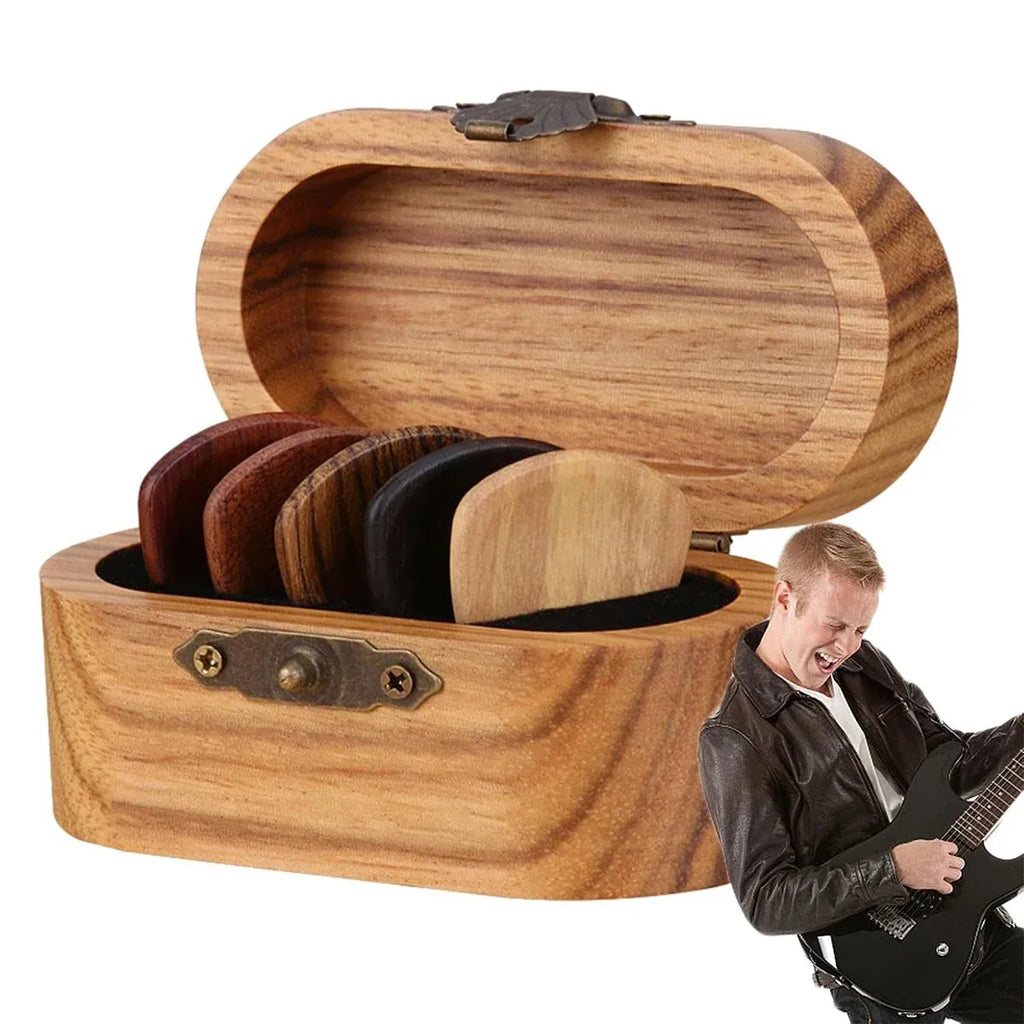 Solid Wood Guitar Pick Storage Case Moistureproof Durable Portable with Dividers