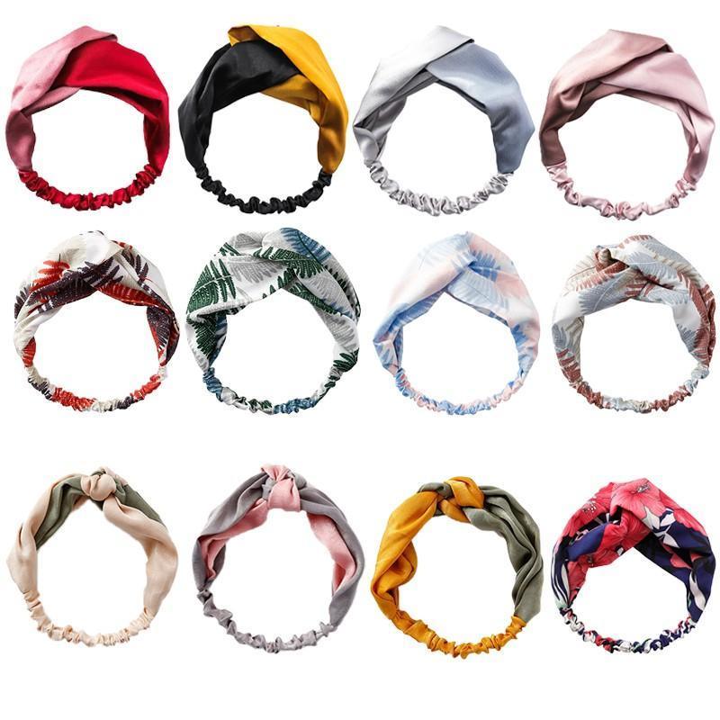 Women Chiffon Floral Print Headband Fashion Bohemian Elastic Cross Hair Bands - C-Navy