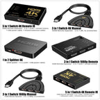 HDMI Switch Splitter 3-in-1 5-in-1 or 1-in-2 1080p 4K Manual or Remote Options - 3 in 1 Switch 1080p Manual