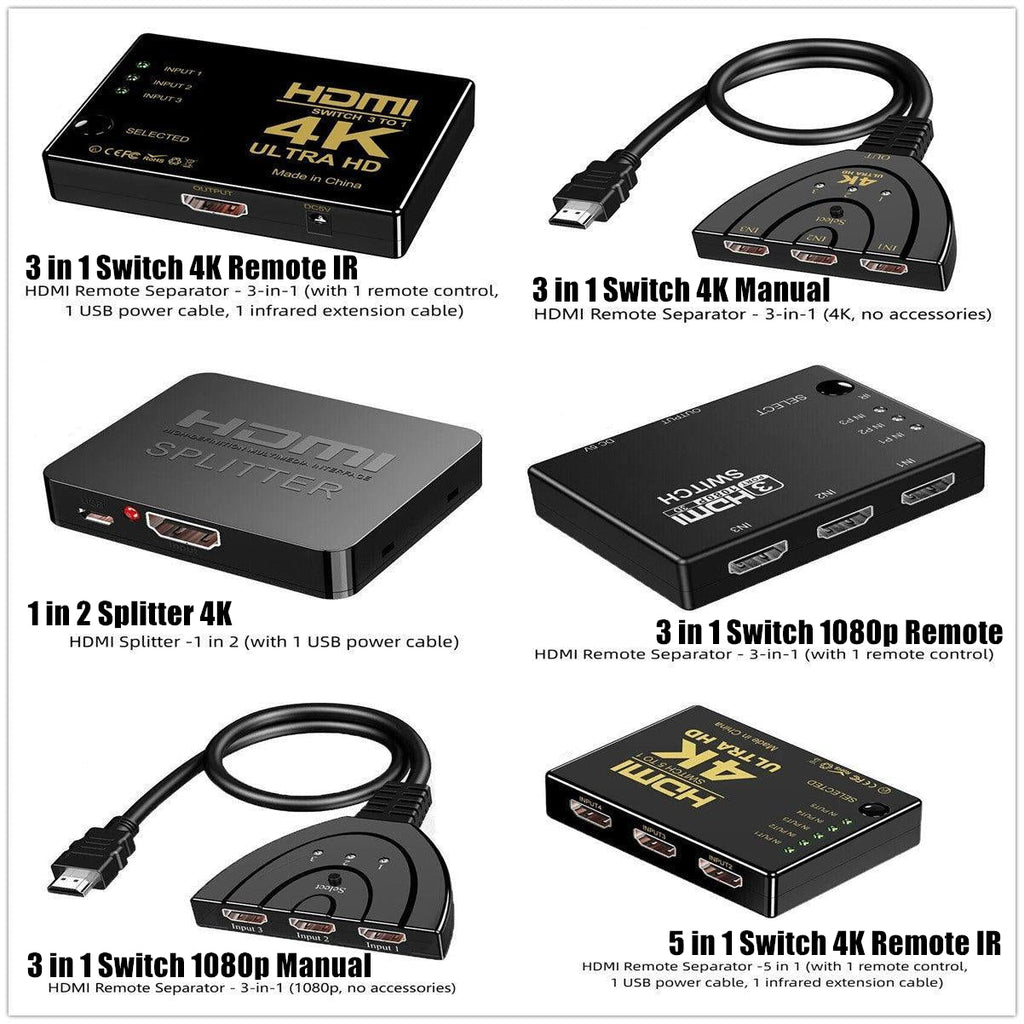HDMI Switch Splitter 3-in-1 5-in-1 or 1-in-2 1080p 4K Manual or Remote Options - 3 in 1 Switch 4K Manual