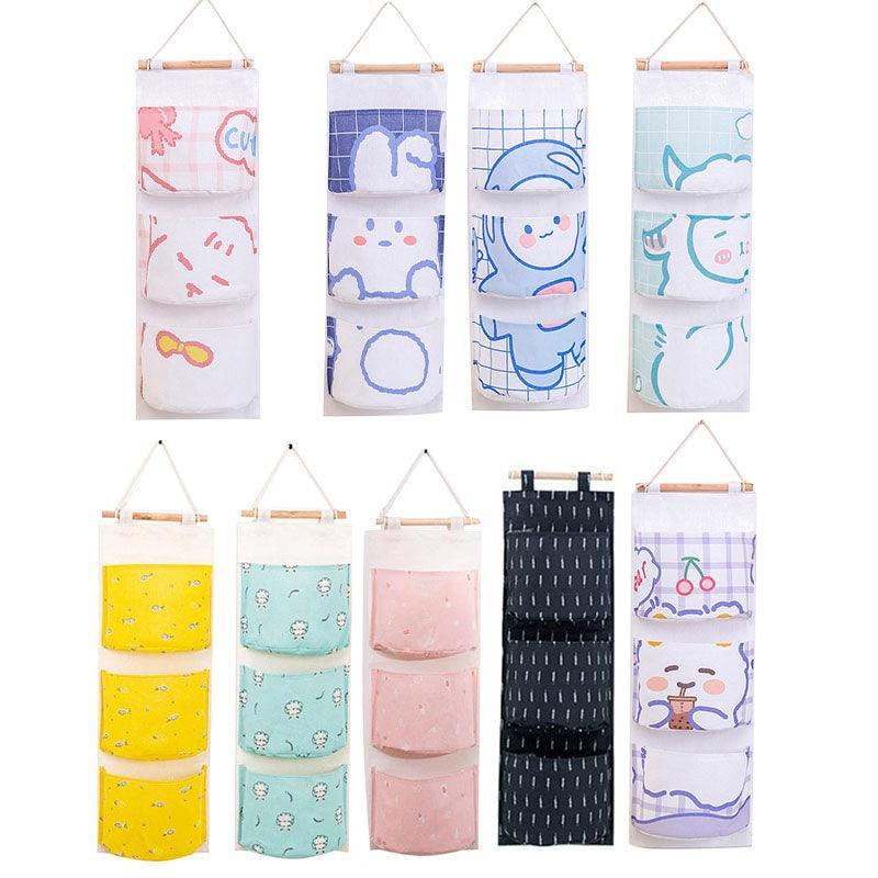 3 Pocket Hanging Storage Bag with Wooden Rod for Wall or Door Organisation - Rabbit