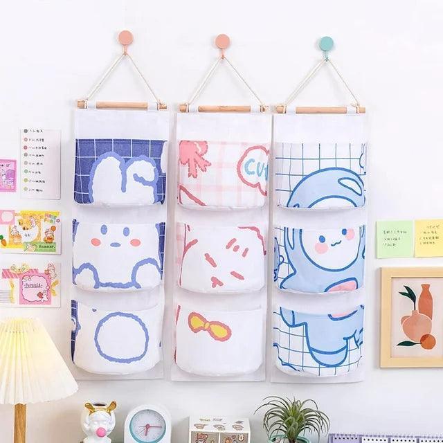 3 Pocket Hanging Storage Bag with Wooden Rod for Wall or Door Organisation - Rabbit