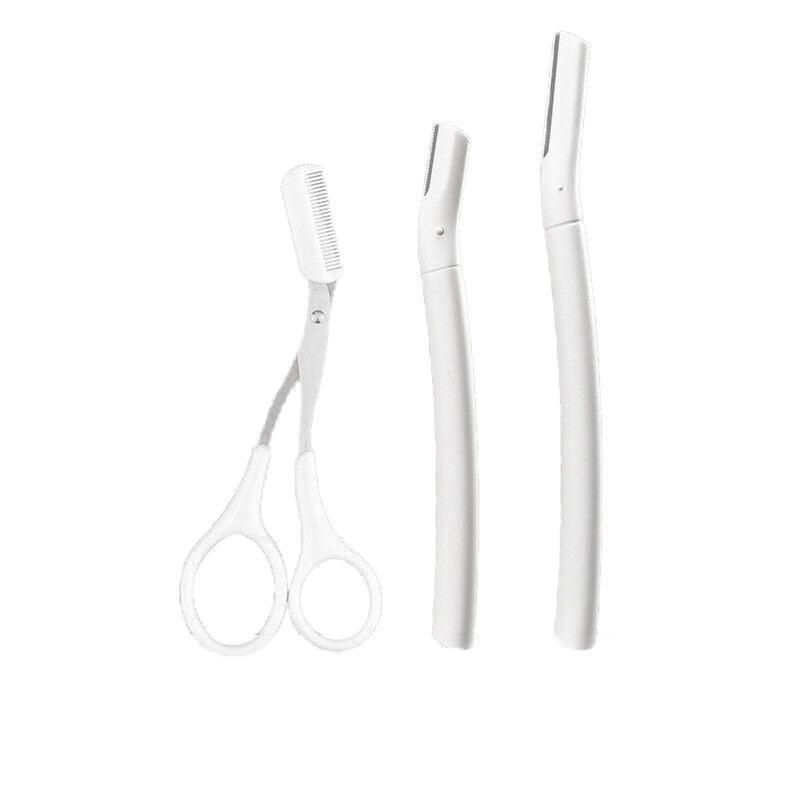 3Pcs Eyebrow Razor Set Facial Trimmer Shaver Blade Hair Remover Beauty Tool - Short+Long Eyebrow Razor+Eyelash Curler-Clear