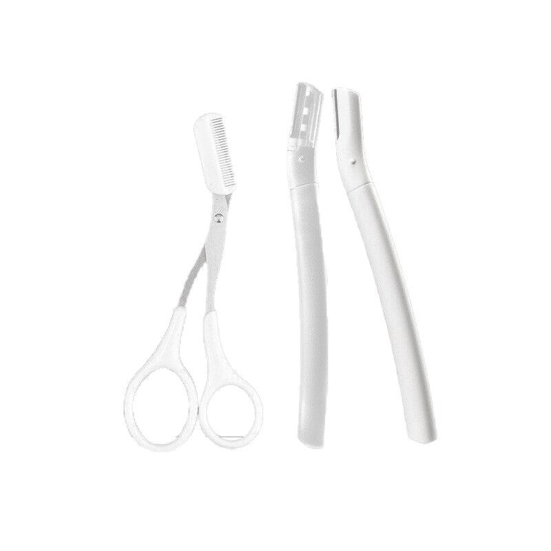 3Pcs Eyebrow Razor Set Facial Trimmer Shaver Blade Hair Remover Beauty Tool - Short+Long Eyebrow Razor+Eyelash Curler-Clear