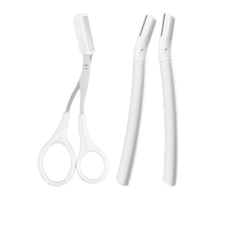 3Pcs Eyebrow Razor Set Facial Trimmer Shaver Blade Hair Remover Beauty Tool - Short+Long Eyebrow Razor+Eyelash Curler-Clear
