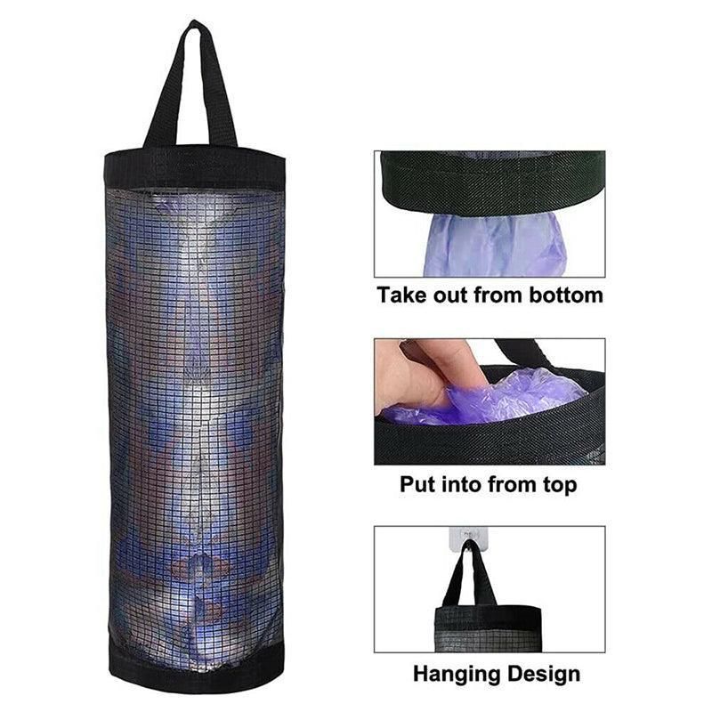 Hanging Mesh Bag Organizer Dispenser for Plastic or Trash Bags Storage Holder - Black