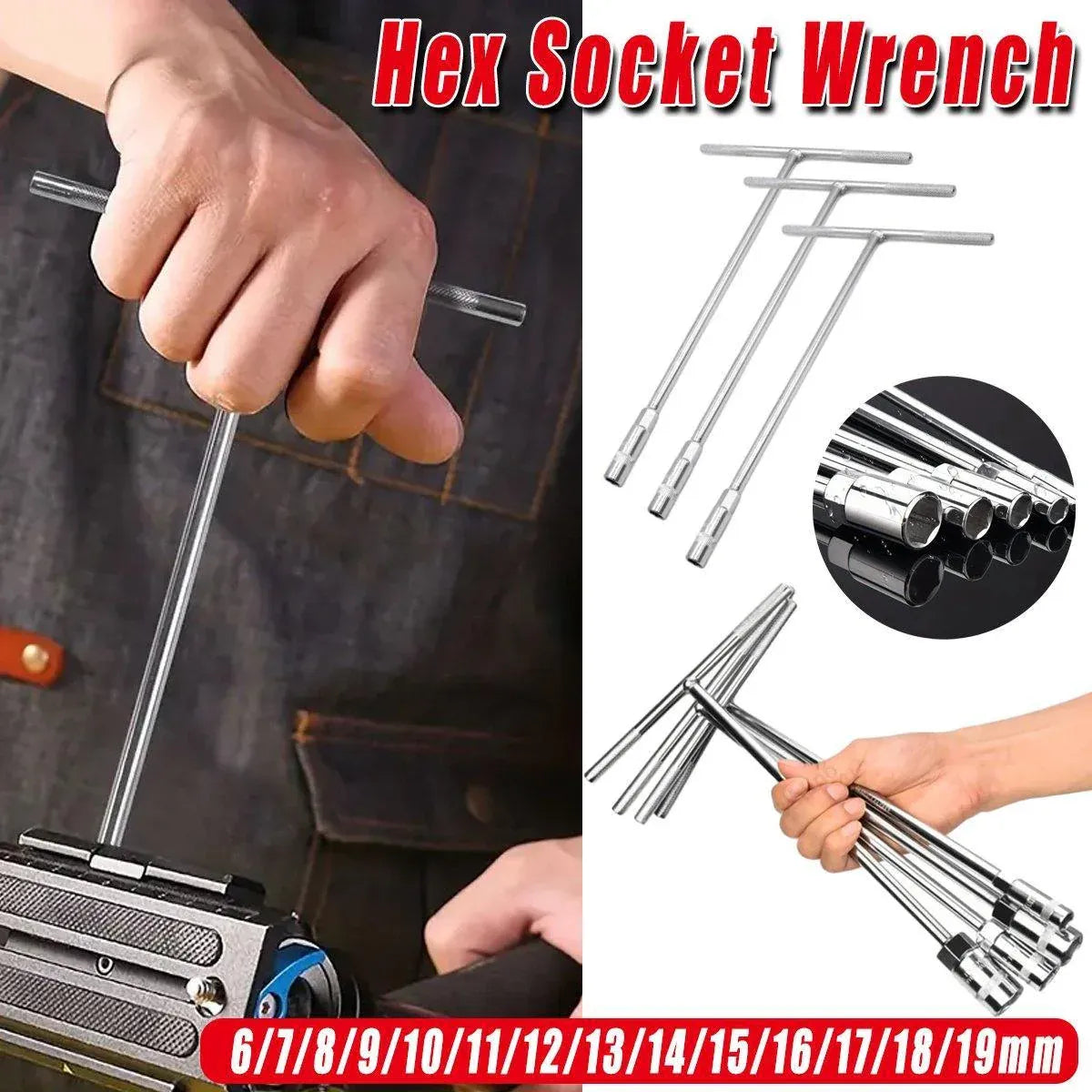 6-19mm Steel T Shaped Hex Wrench Hand Tool Spanner Socket Adapter Repair - 12mm