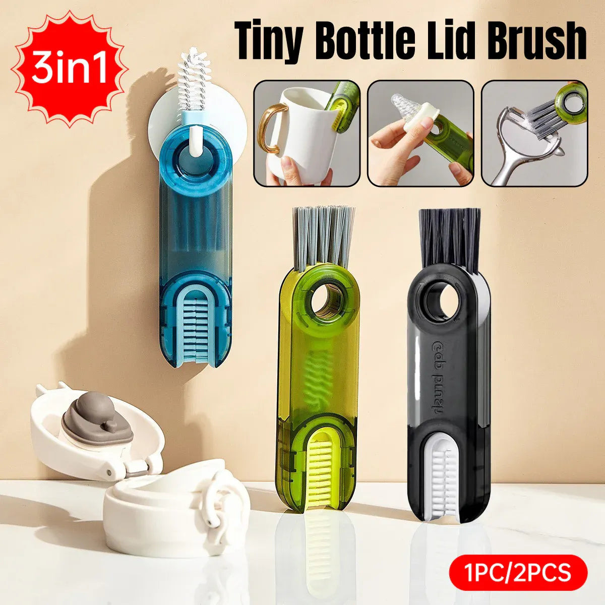 1/2pcs 3-in-1 U Shaped Bottle Thermos Cup Cleaning Brush with Rotating Heads - Blue