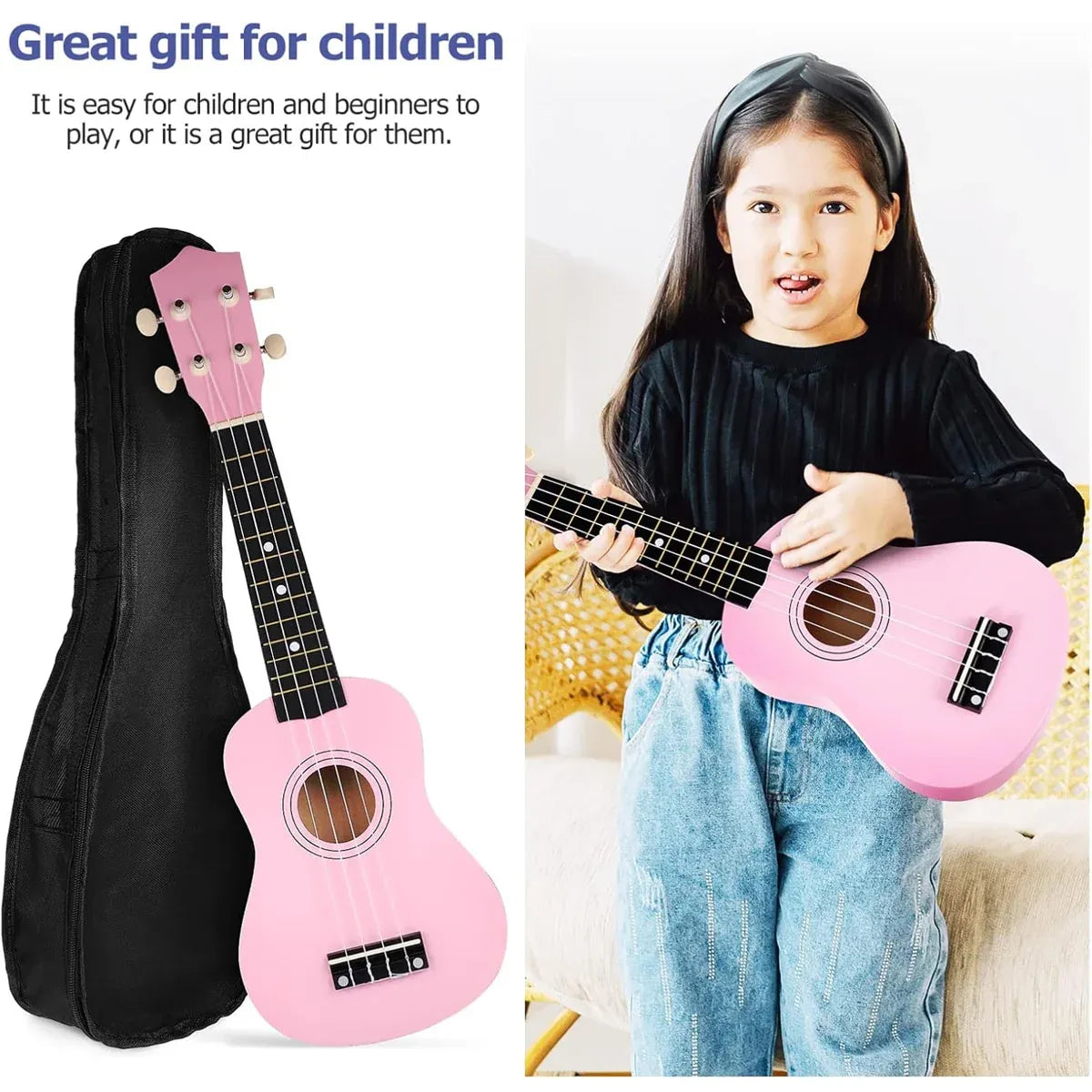21 Inch Ukulele Beginner 4 String Small Guitar Easy To Learn Clear Sound Use - Black