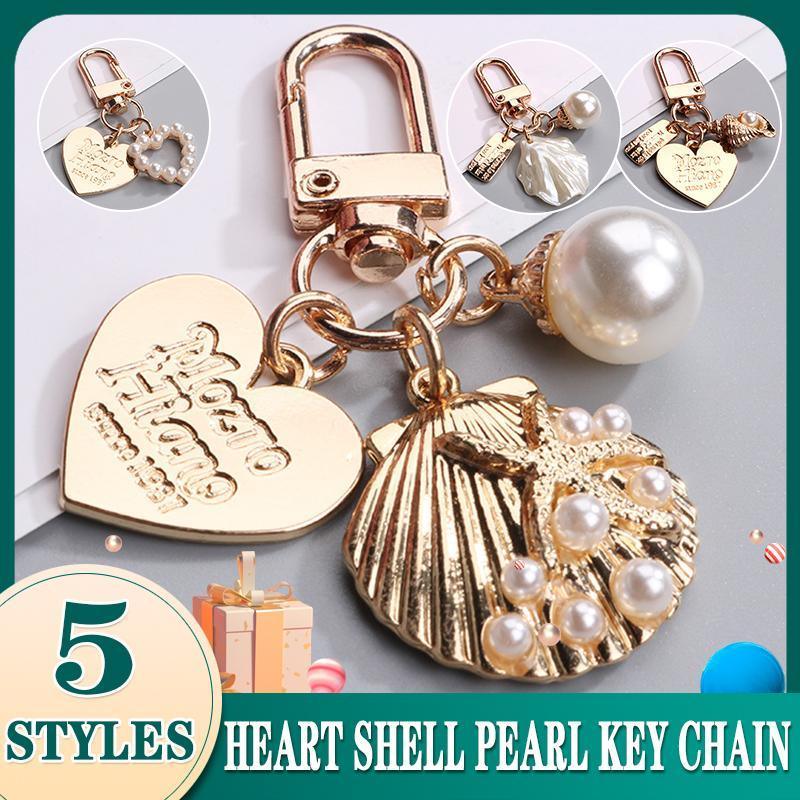 Womens Cute Key Rings Shell Heart Pearl Shape Keychain Charm Bag Hanger Pendants - B