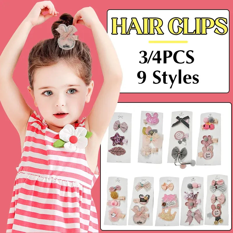3/4PCS Christmas Hair Clips Set Bow Flower Hairpin Hairgrip Cute Girls Barrettes - Pink Crown Set
