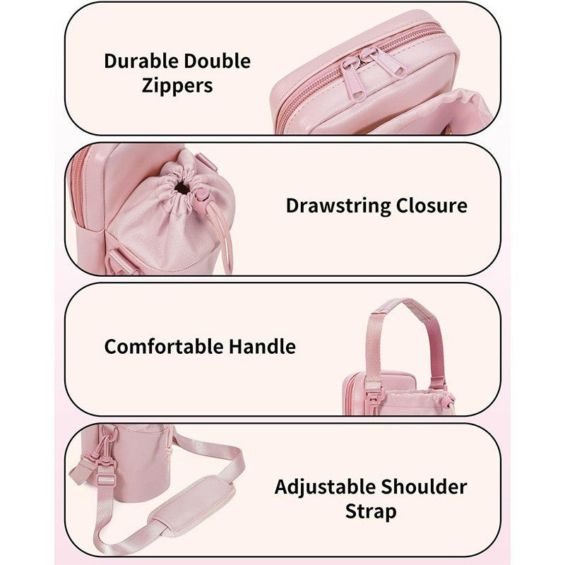 Black Stylish Water Bottle Carrier Bag with Phone Pocket, Key Clip & Adjustable Strap - Crossbody Sling Holder