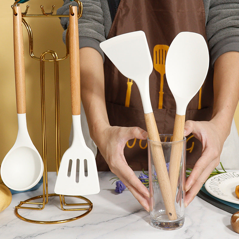 Light Grey 11-Piece Silicone Kitchen Utensil Set with Wooden Handles and Storage Bucket - Heat Resistant and Non-Stick