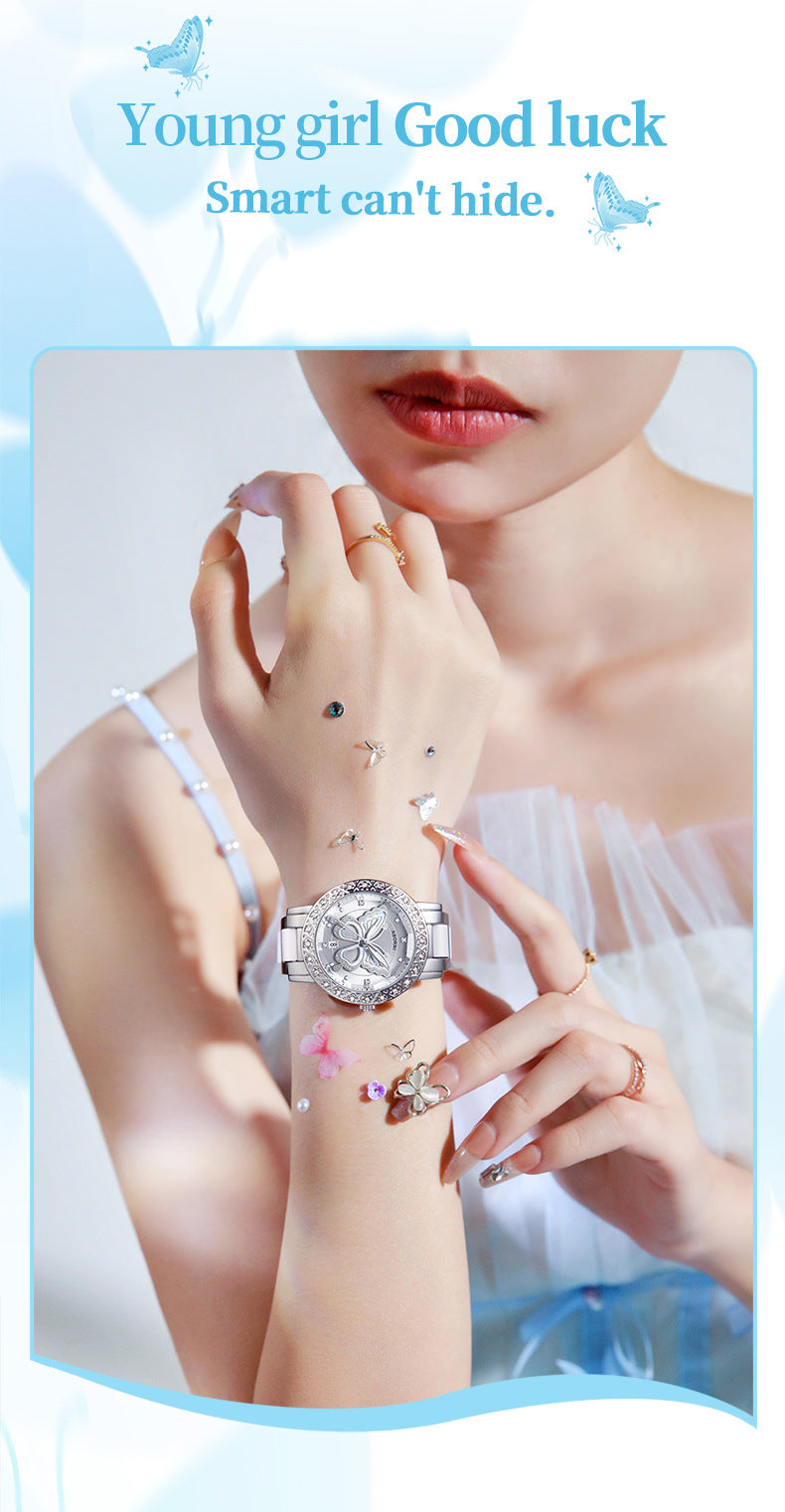 Women's Butterfly Quartz Watch with Ceramic Steel Strap and Luminous Hands (Silver shell white surface steel belt)
