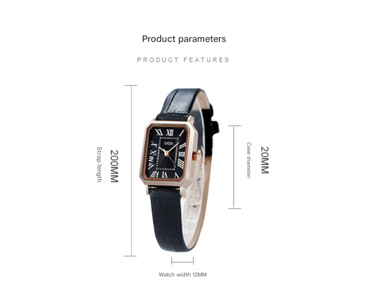Rose gold case, white dial and black belt Ladies Quartz Watch - Classic Rectangular, Leather Band