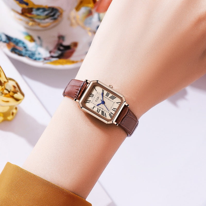 Rose gold shell, white plate and coffee strap Ladies Quartz Watch - Classic Rectangular, Leather Band