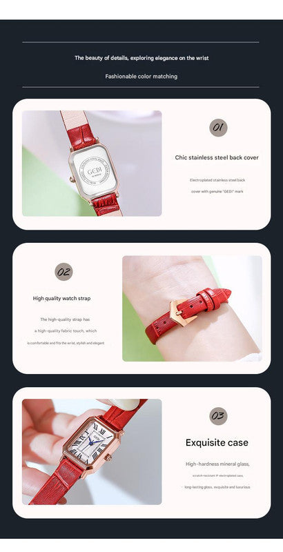 Rose gold case, white plate, red belt Ladies Quartz Watch - Classic Rectangular, Leather Band