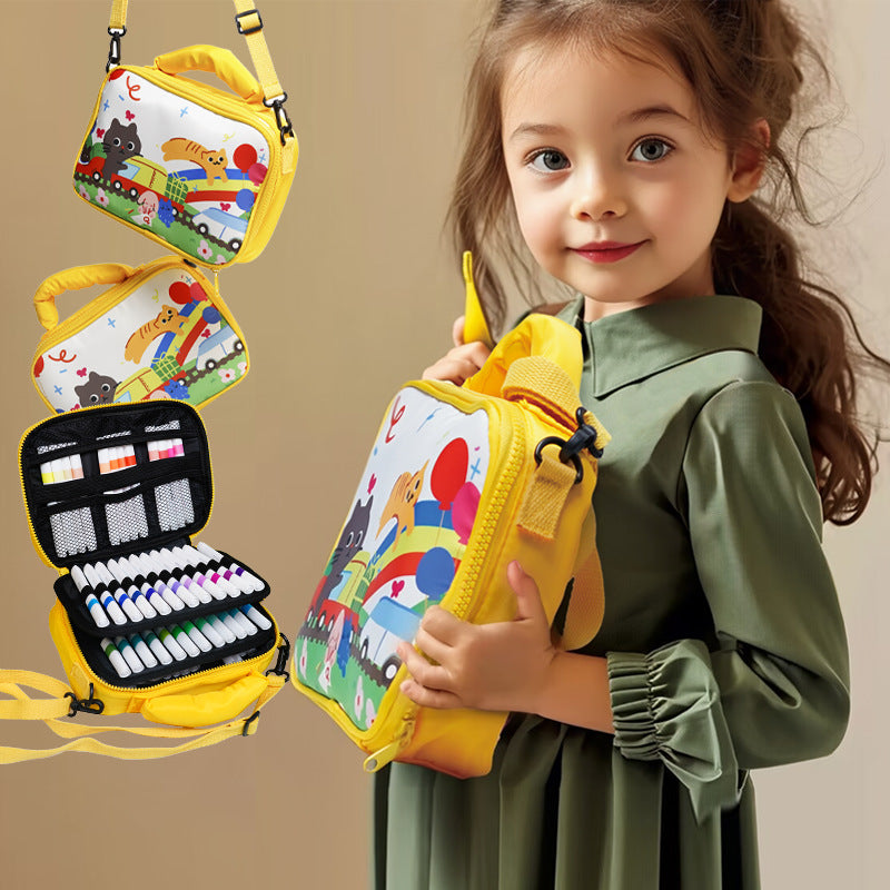 24 colors Kids Double-Layer Marker Set with Carry Case - Portable Art Supply Organizer Bag