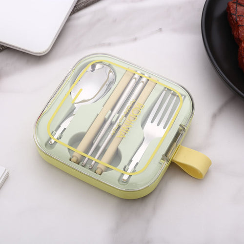 2 Sets Green Portable Stainless Steel Cutlery Set -  Reusable Utensils (2 Fork, 2 Spoon, 2 pairs of Chopsticks) with Compact Travel Case