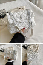White Chic Quilted Crossbody Bag for Women - PU Leather Diamond Pattern Chain Strap Shoulder Purse with Elegant Clasp