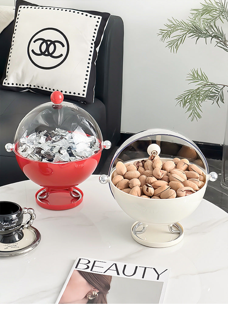 Beige Whimsical Covered Fruit Bowl with Flip Lid & Drainer - Cute Design Snack & Candy Dish for Living Room