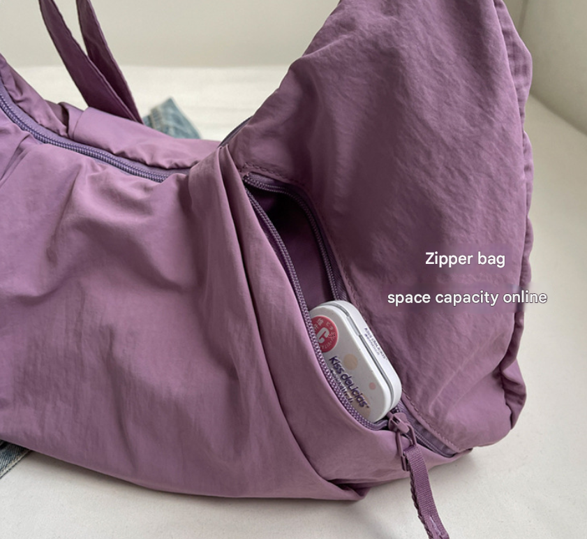 Pink Lightweight Crescent Crossbody Bag - Slouchy Nylon Hobo Purse for Casual Everyday Use