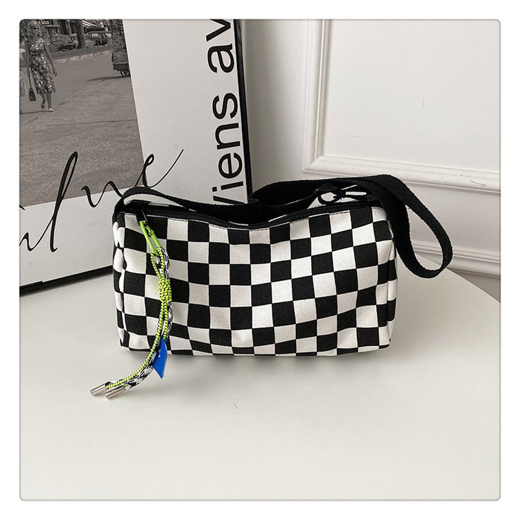 Blue Trendy Checkerboard Boston Bag - Casual Crossbody Shoulder Purse with Wide Strap