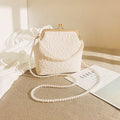 White Elegant Vintage Kiss-Lock Purse with Pearl Straps - Textured Frame Clutch Bag