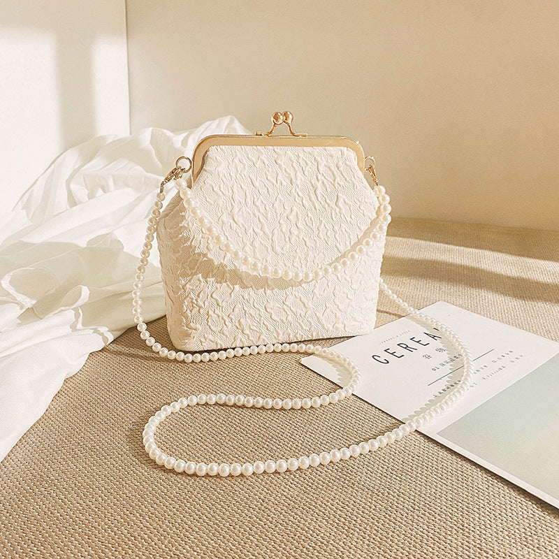 White Elegant Vintage Kiss-Lock Purse with Pearl Straps - Textured Frame Clutch Bag