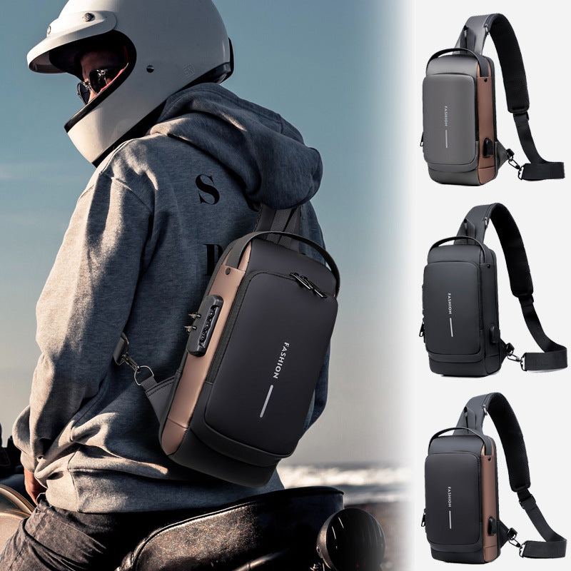 Black Men's Anti-Theft Crossbody Sling Bag with USB Charging Port & Combination Lock