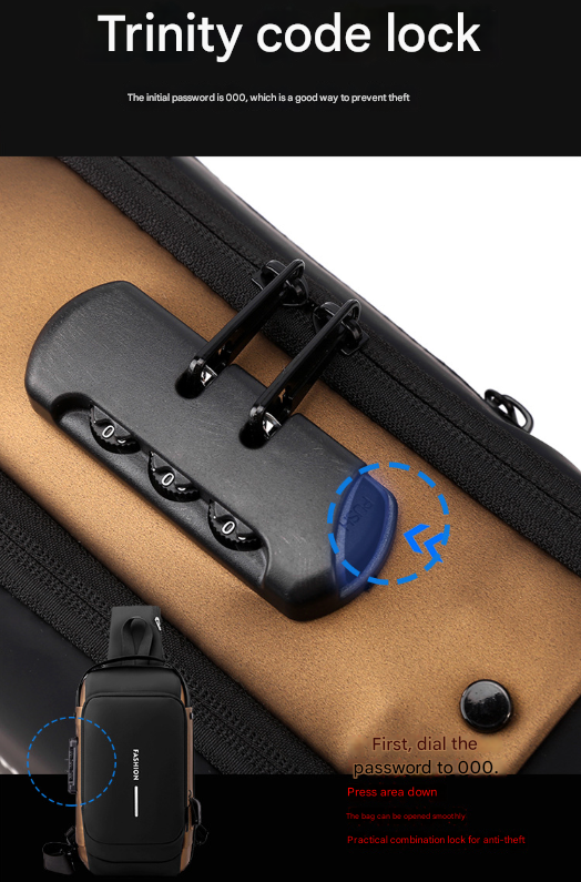 Black Men's Anti-Theft Crossbody Sling Bag with USB Charging Port & Combination Lock