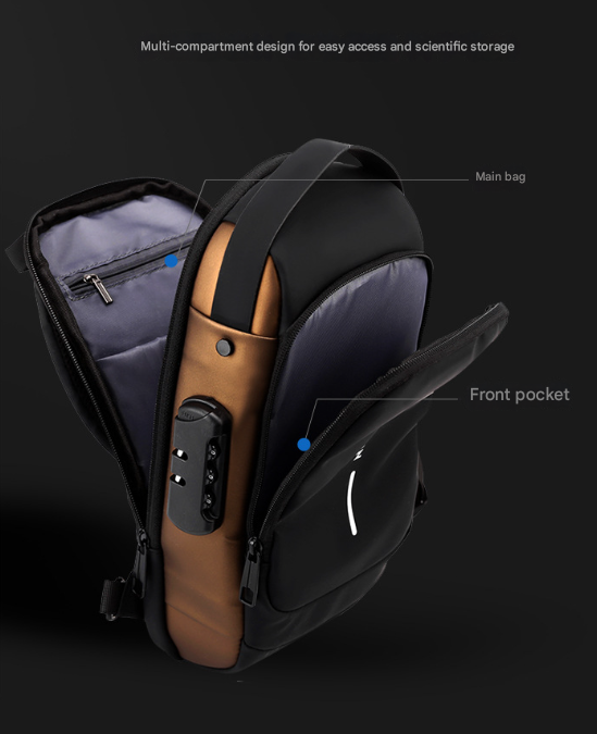 Blue and Brown Men's Anti-Theft Crossbody Sling Bag with USB Charging Port & Combination Lock